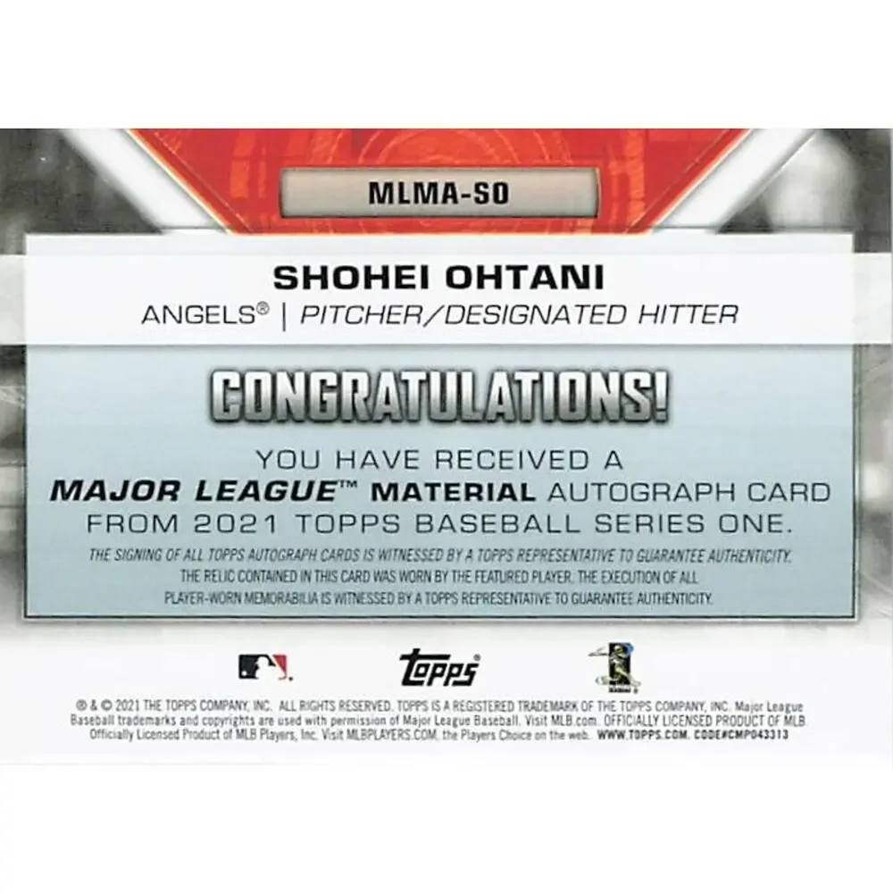 Shohei Ohtani 2021 Topps - Major League Material Autograph Relic Red /10 MLMA-SO